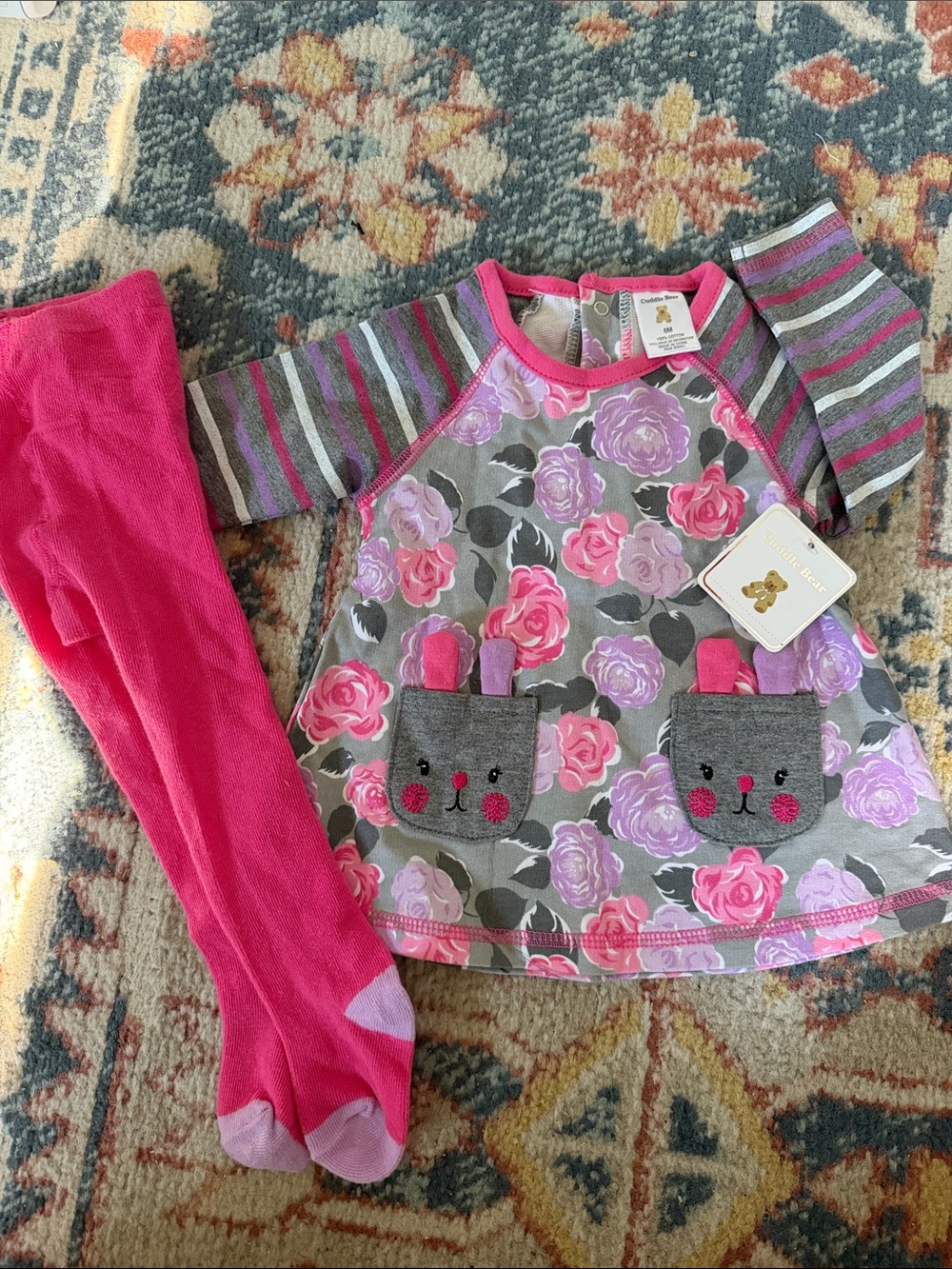 Cuddle Bear Gorgeous Cute 2pc cotton floral dress and hoisery, with BUNNY POCKET
